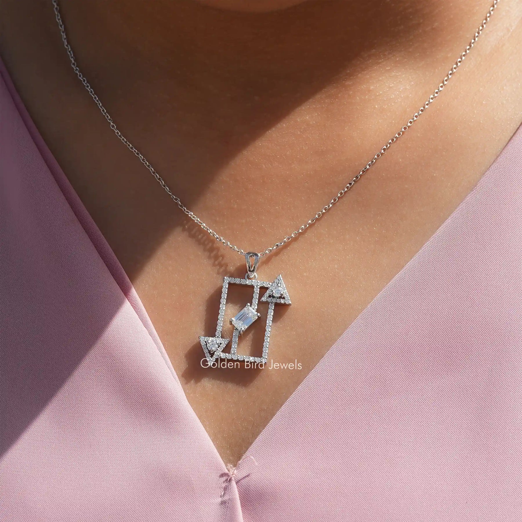 Full view of moissanite pendant in unique shape 
