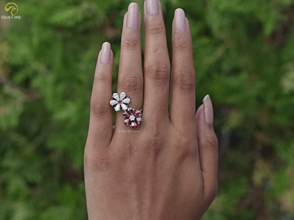 Pear Gemstone Flower Shape Cluster Bypass Ring