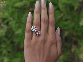 Pear Gemstone Flower Shape Cluster Bypass Ring