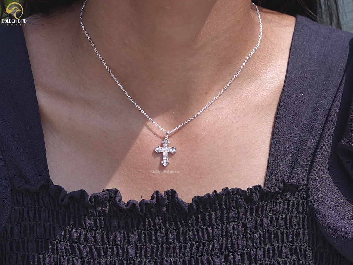 Round Cut Moissanite Encrusted Cross Pendant