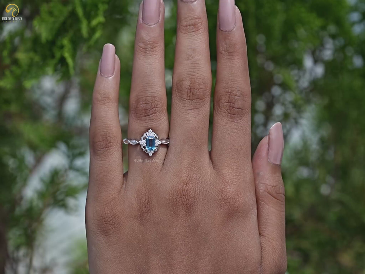 London Blue Topaz Emerald Gemstone Halo Ring