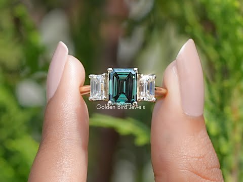 You tube Video Of Emerald Moissanite 3 Stone engagement ring 