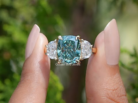 You tube Video Of Cushion Moissanite 3 Stone engagement ring 