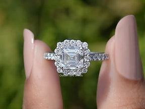 You tube Video of Asscher Cut Lab Diamond Accent Halo Wedding Ring