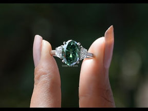 YouTube Video Of Dark Green Oval Cut Moissanite 3 Stone Ring