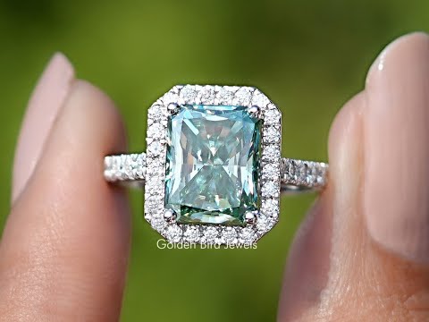 You tube Video of halo stone engagement ring with Blue Green Radiant Cut Moissanite 