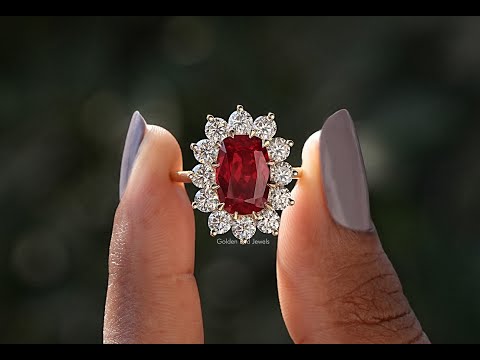 YouTube Video Of Ruby Cushion Cut Halo Engagement Ring