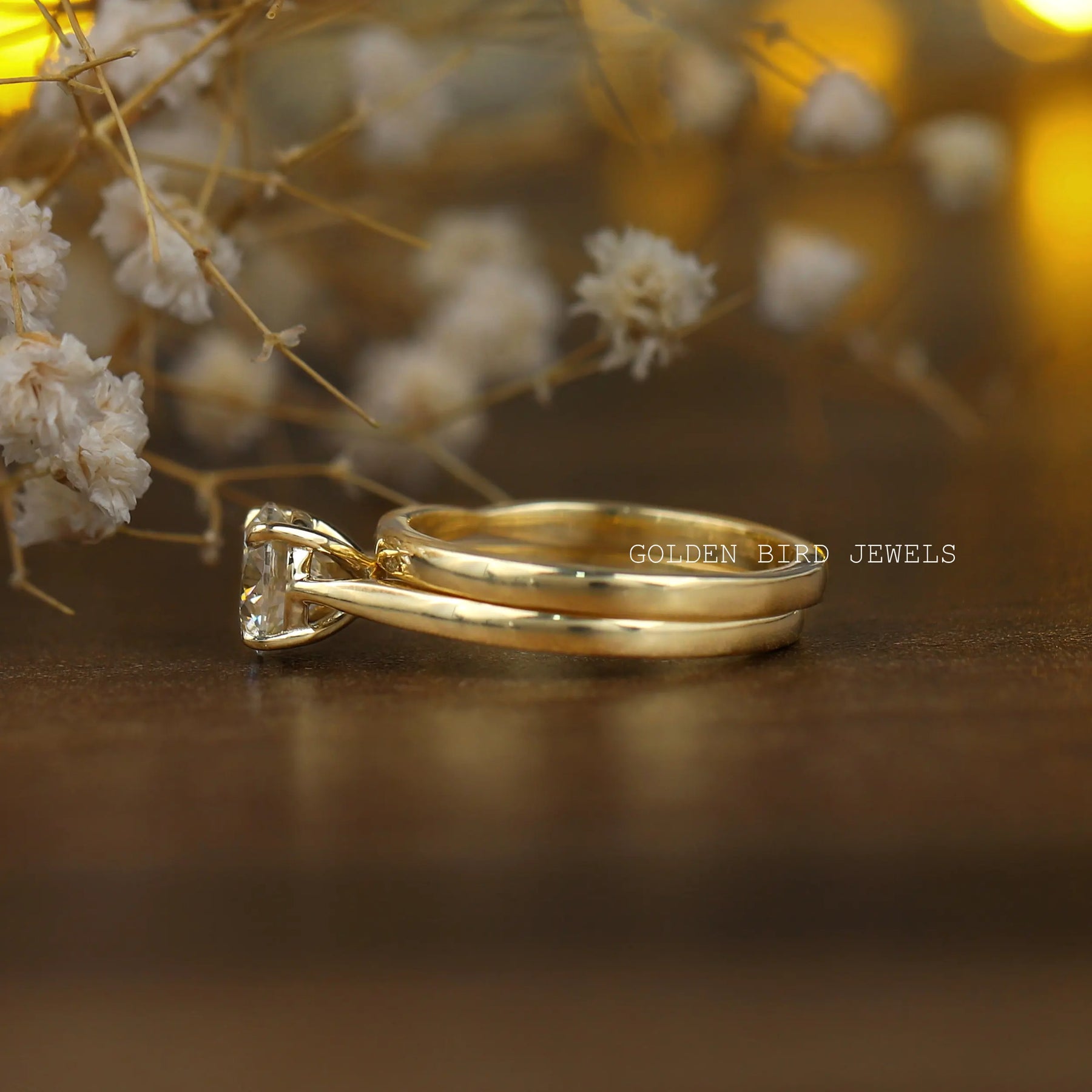 Detailed View of Moissanite Bridal Wedding Ring Set In Yellow Gold