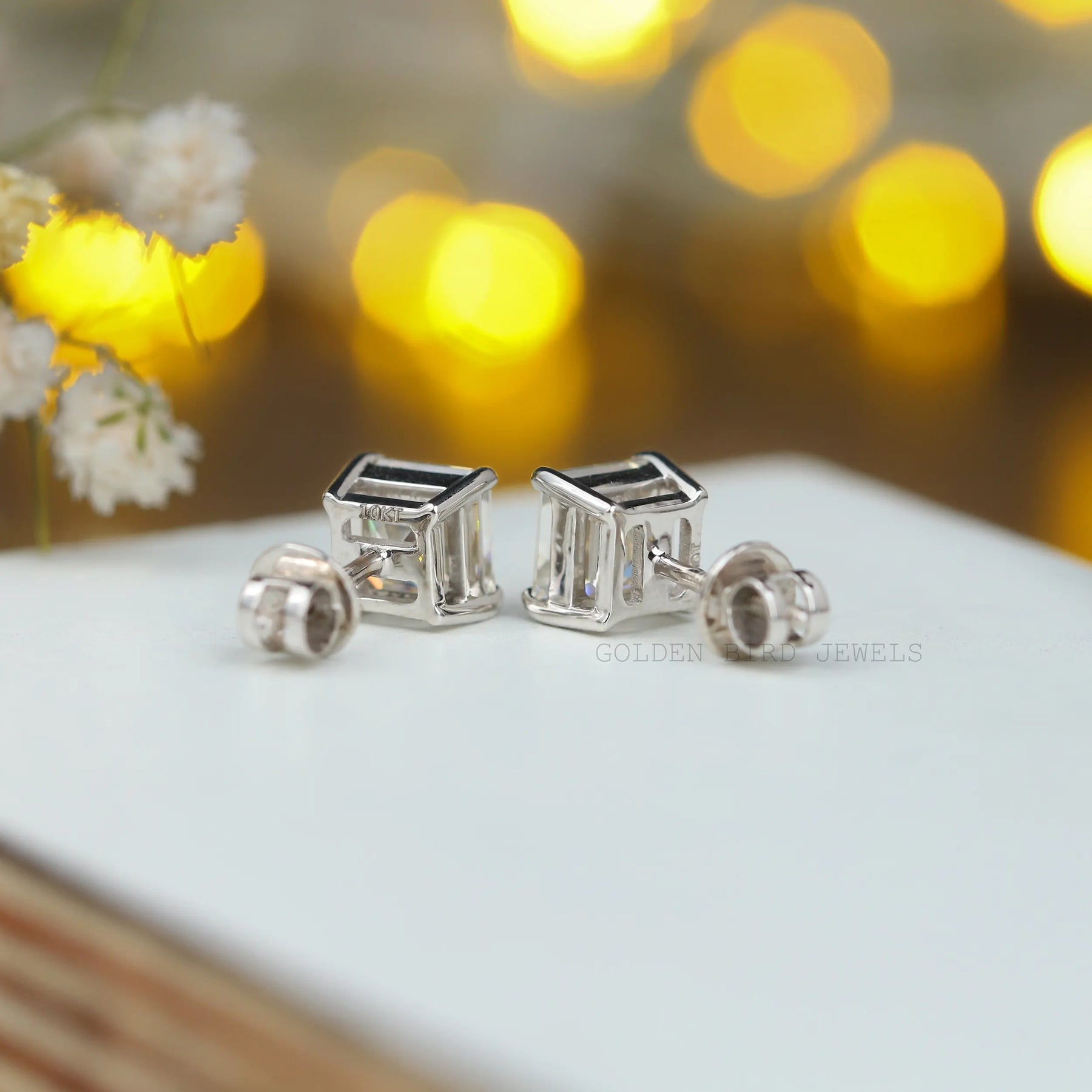 Back view of Asscher cut stud eaarings 