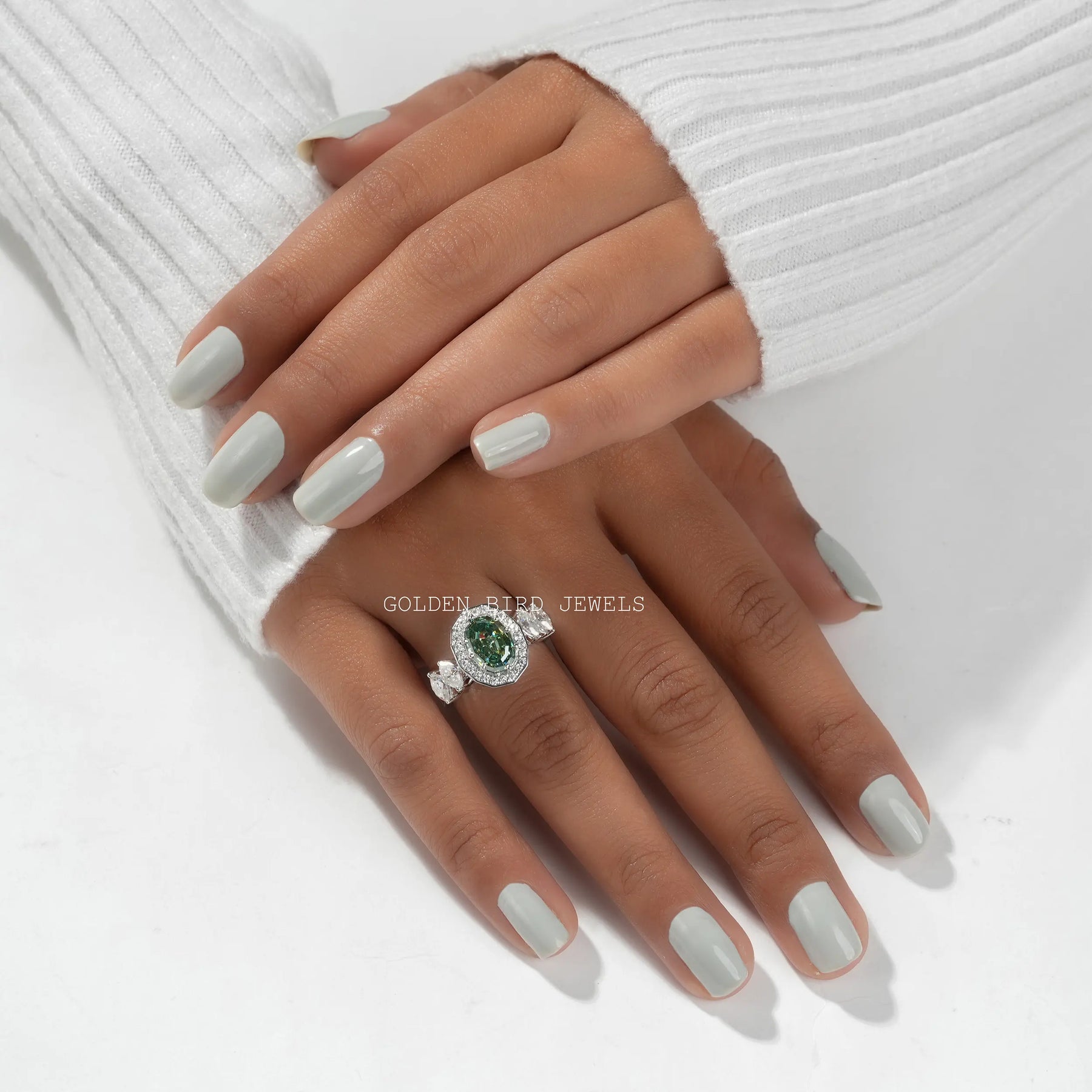 [Moisanite Step Cut Oval Shape Halo Engagement Ring]-[Golden Bird Jewels]