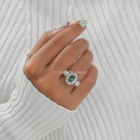 [Light Blue Moissanite Oval Shape Engagement Ring]-[Golden Bird Jewels]