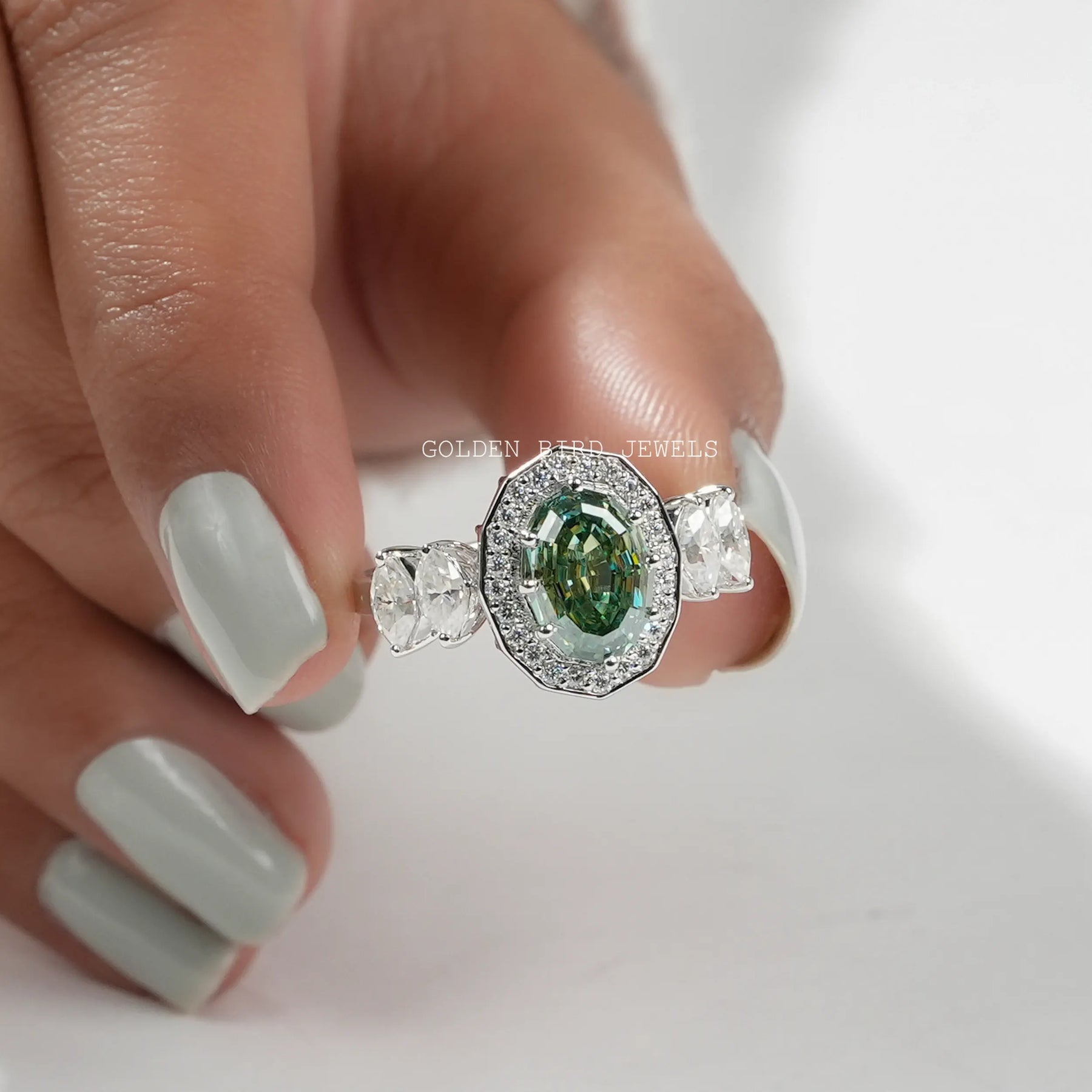 [Oval Shape Moissanite Engagement Ring Crafted With Side Stones Marquise Cut]-[Golden Bird Jewels]