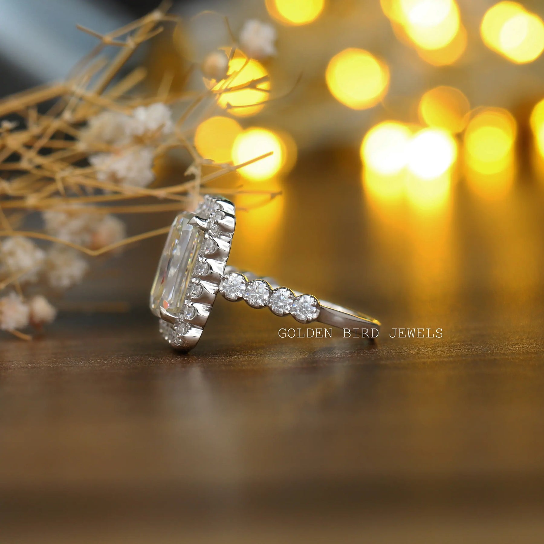 Detailed View of Criss Cut Moissanite Halo Engagement Ring In White Gold
