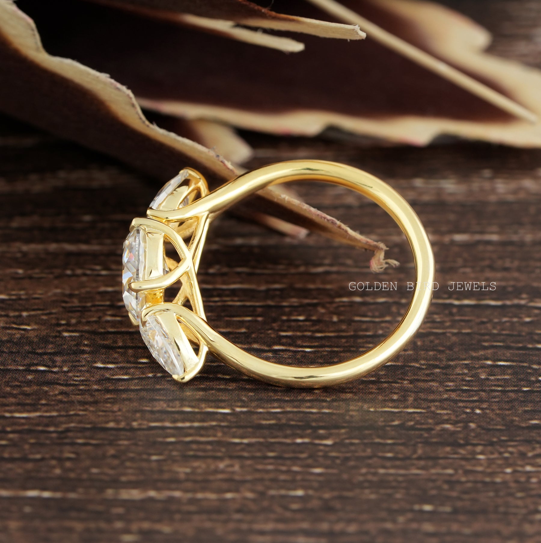 Back View of Moissanite Rose Cut Three Stone Engagement Ring 