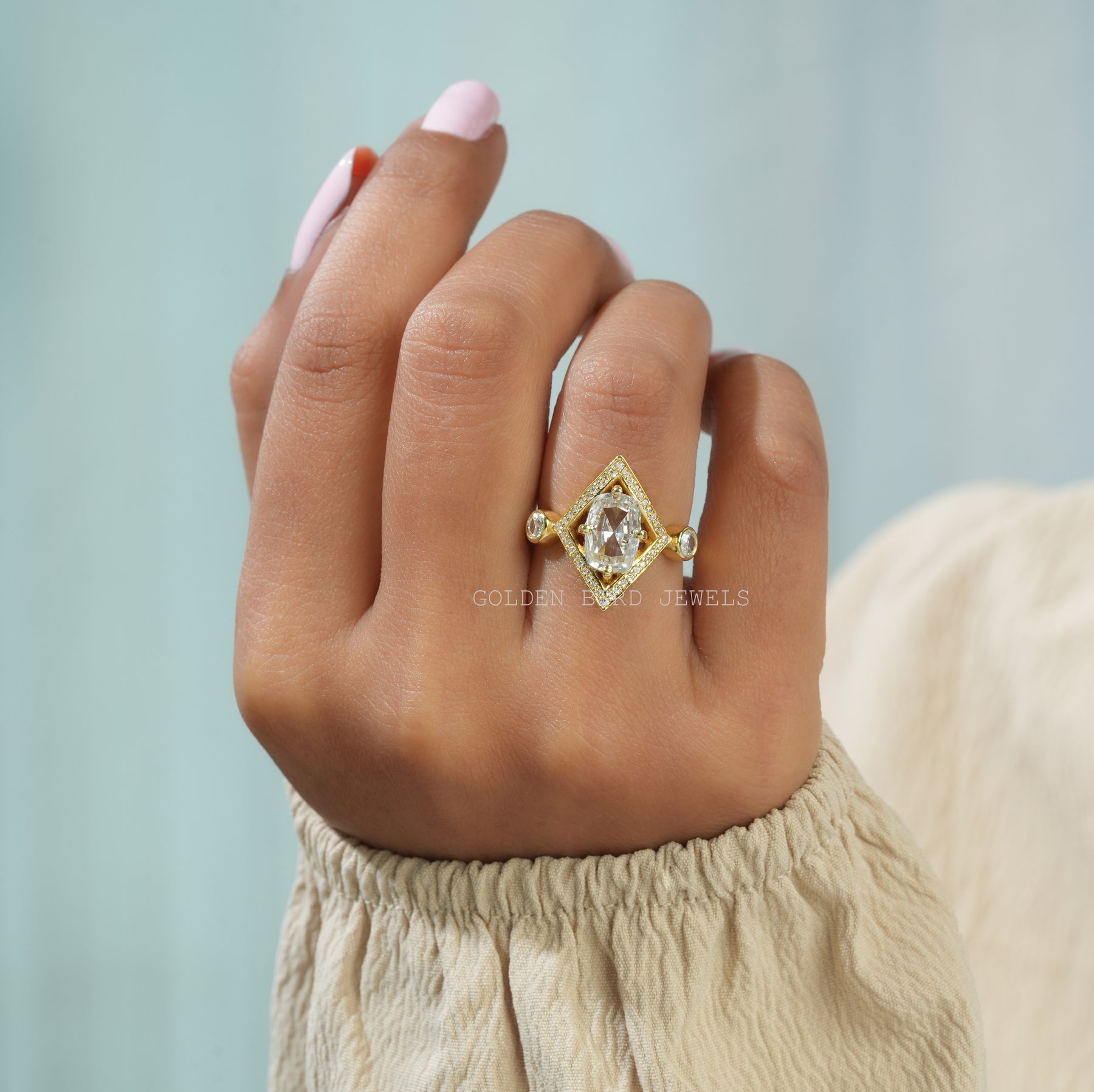 Detailed View of Rose Cut Cushion Moissanite Vintage Ring In Yellow Gold