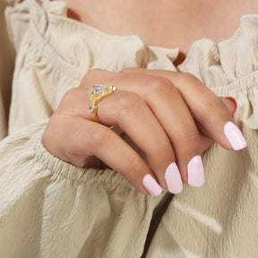View of Cushion Cut Moissanite Engagement Ring In Yellow Gold