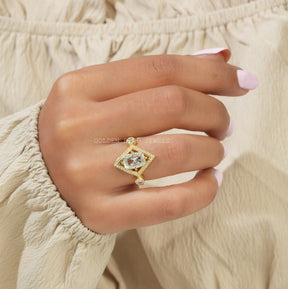 View of Rose Cut Cushion And Round Moissanite Vintage Ring In Yellow Gold