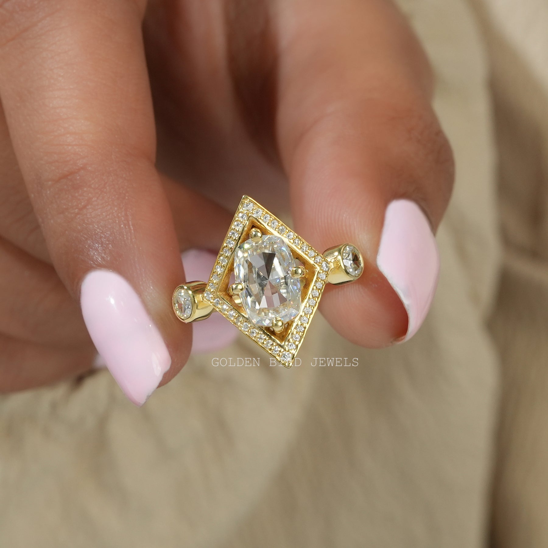 Front View of Rose Cut Cushion And Round Moissanite Ring In two Fingers