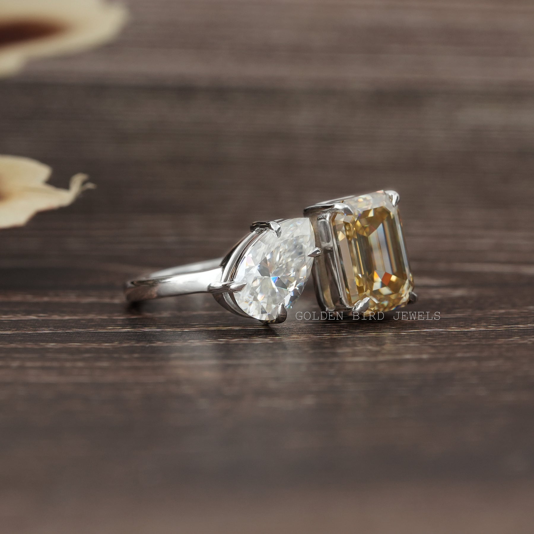 Close-Up View of Emerald Cut Toi Et Moi Moissanite Ring In White Gold 