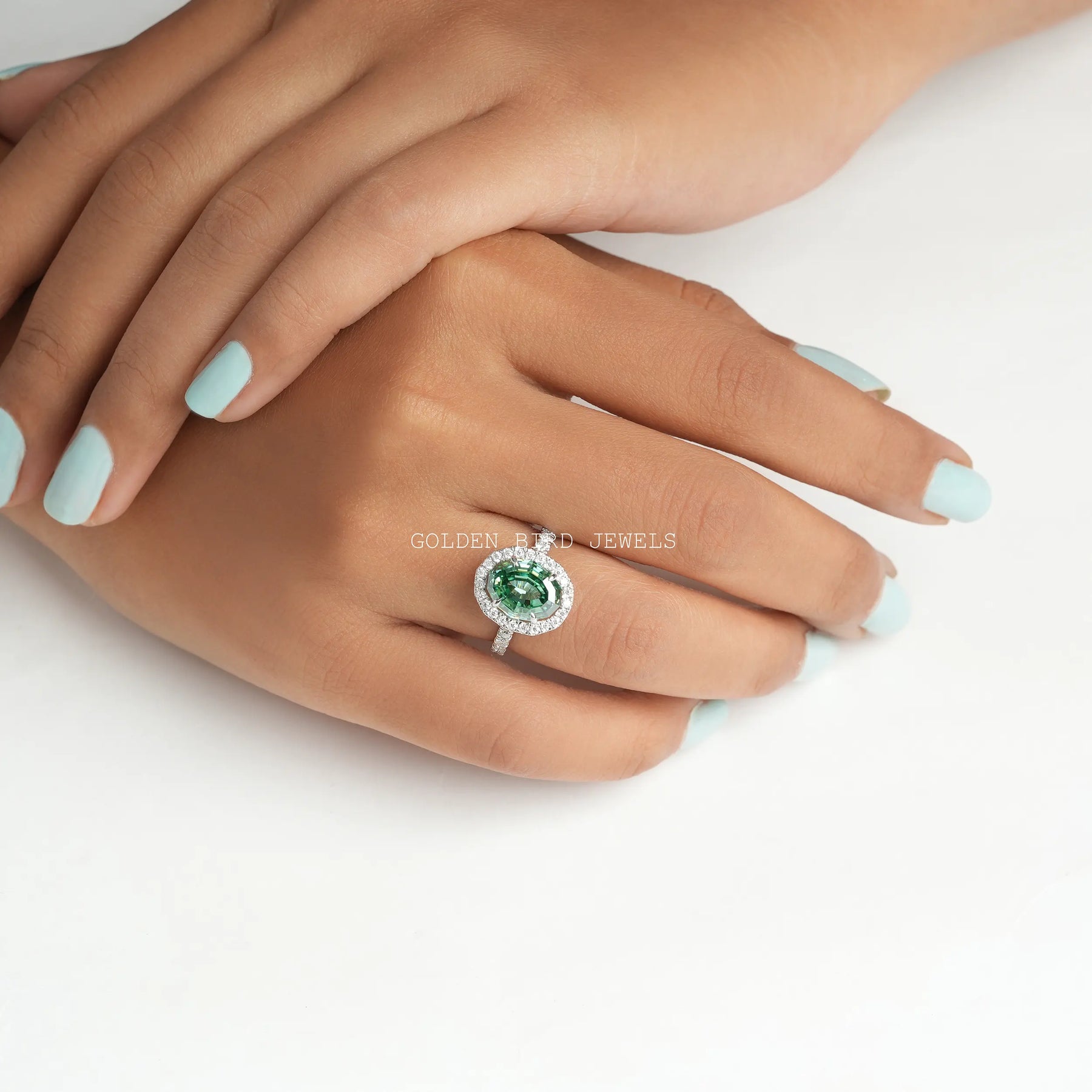 Dark Green Step Cut Oval moissanite ring in  VVS Clarity 