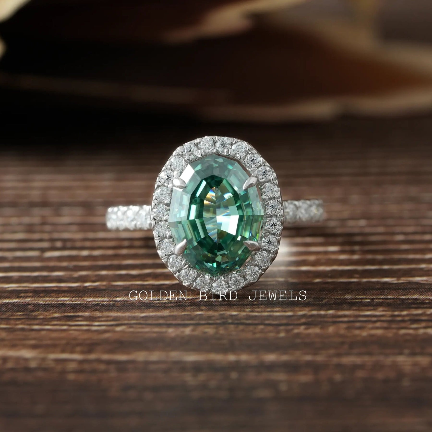 Oval cut  green Moissanite  engagement ring
