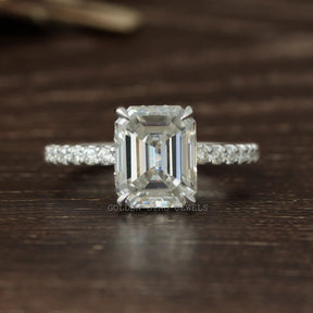View of Emerald Cut Moissanite Solitaire Engagement Ring In White Gold