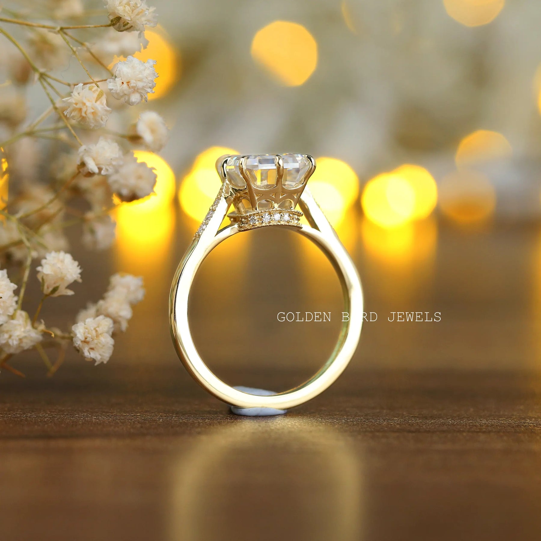  Back view of halo moissanite engagement ring  in secure setting 