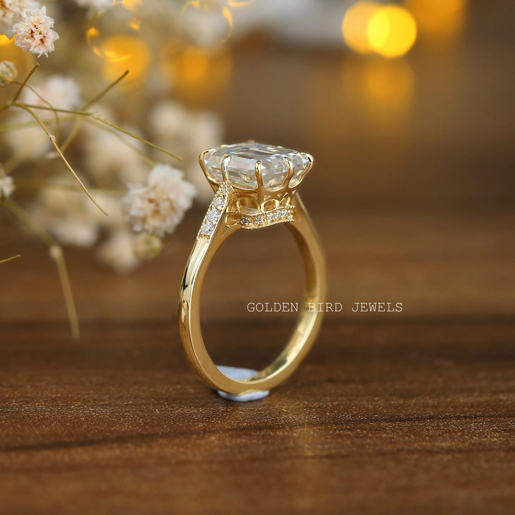 Close view of Emerald Cut Moissanite Vintage Hidden Halo Engagement ring 
