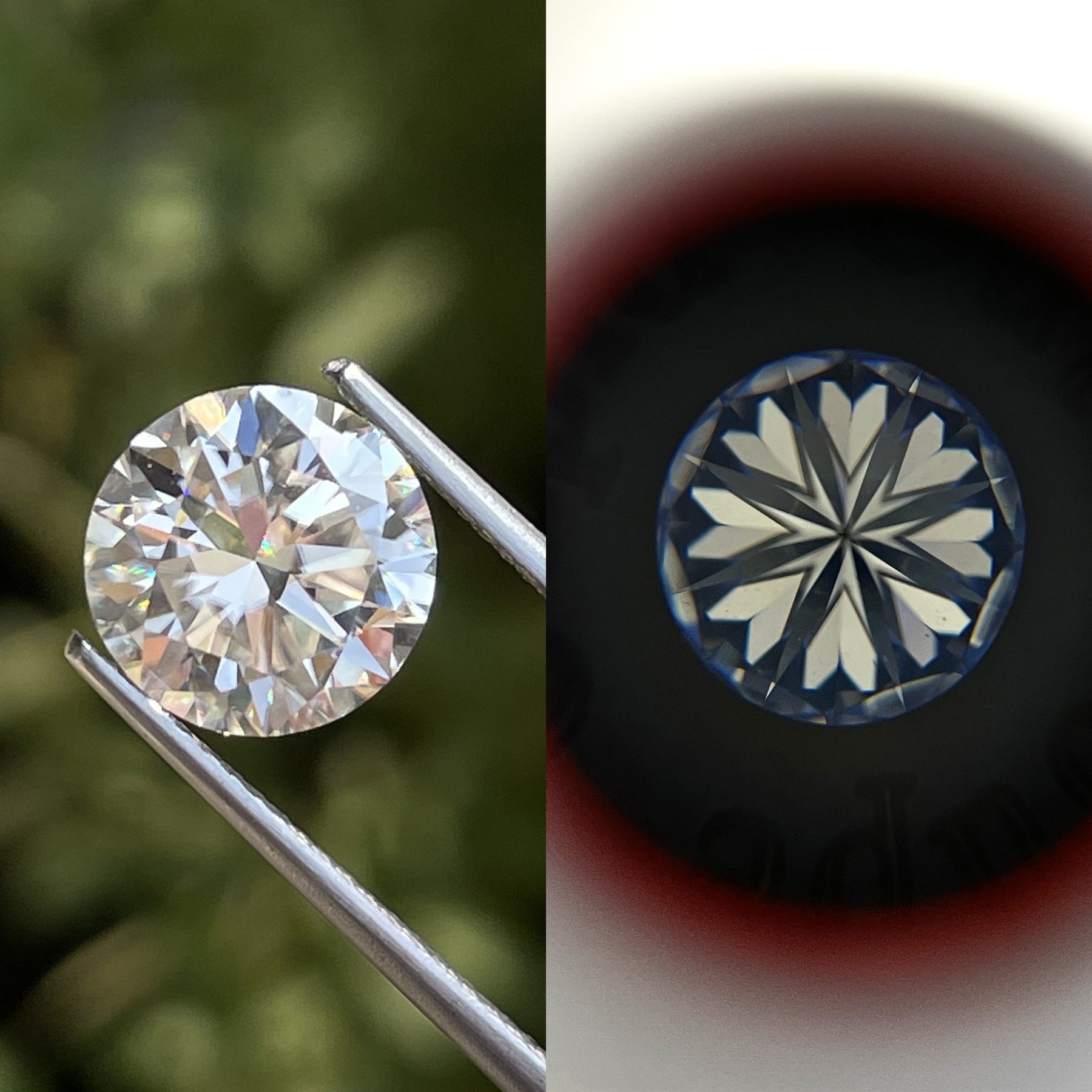 Tweezers holding the Heart And Arrow Round Cut Loose Moissanite 